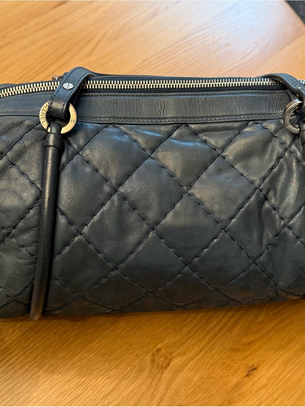 CHANEL Blue Diamond Quilted Leather Bowling Satchel with Chain Strap - Picture 13 of 16